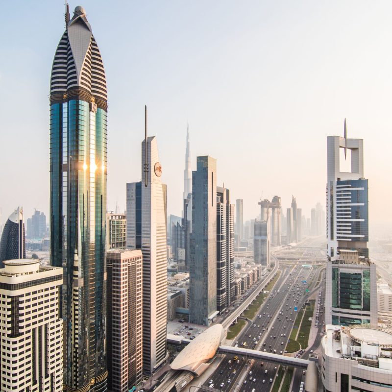 Dubai skyline in sunset time, United Arab Emirates